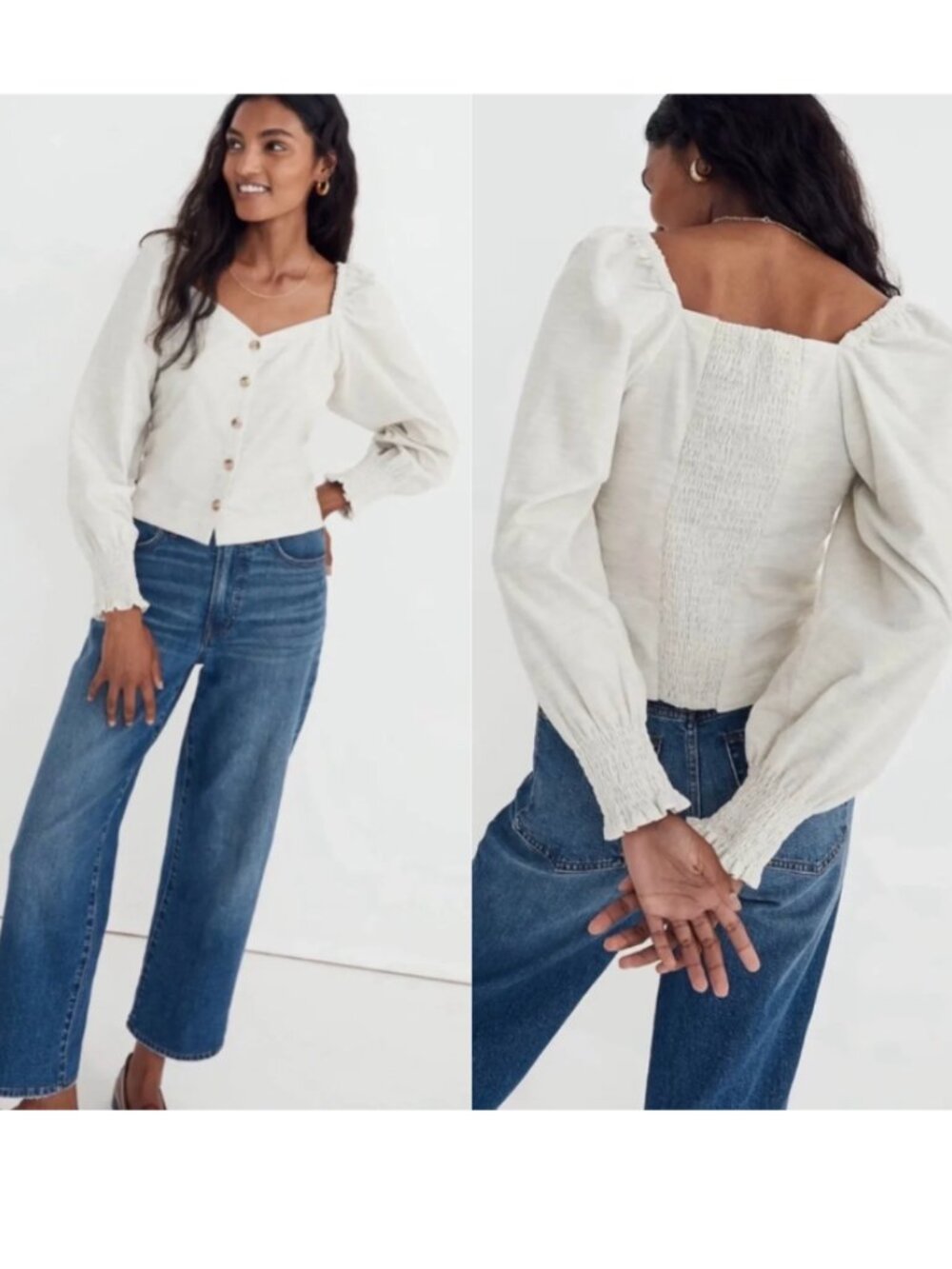 ☀️ MADEWELL Corduroy Sweetheart Smocked-Back Top Melange Gray Oatmeal 14